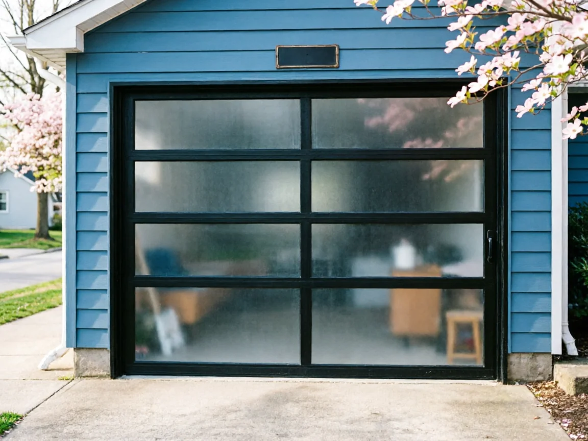 The garage door is black with frosted glass panels on a blue house.