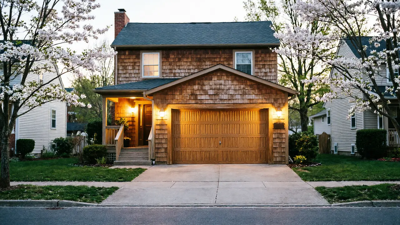 A two-story house with a wooden garage door and porch lights on.