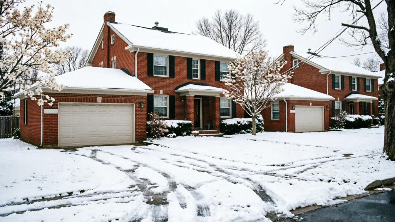 Two brick houses with white garage doors are covered in snow.