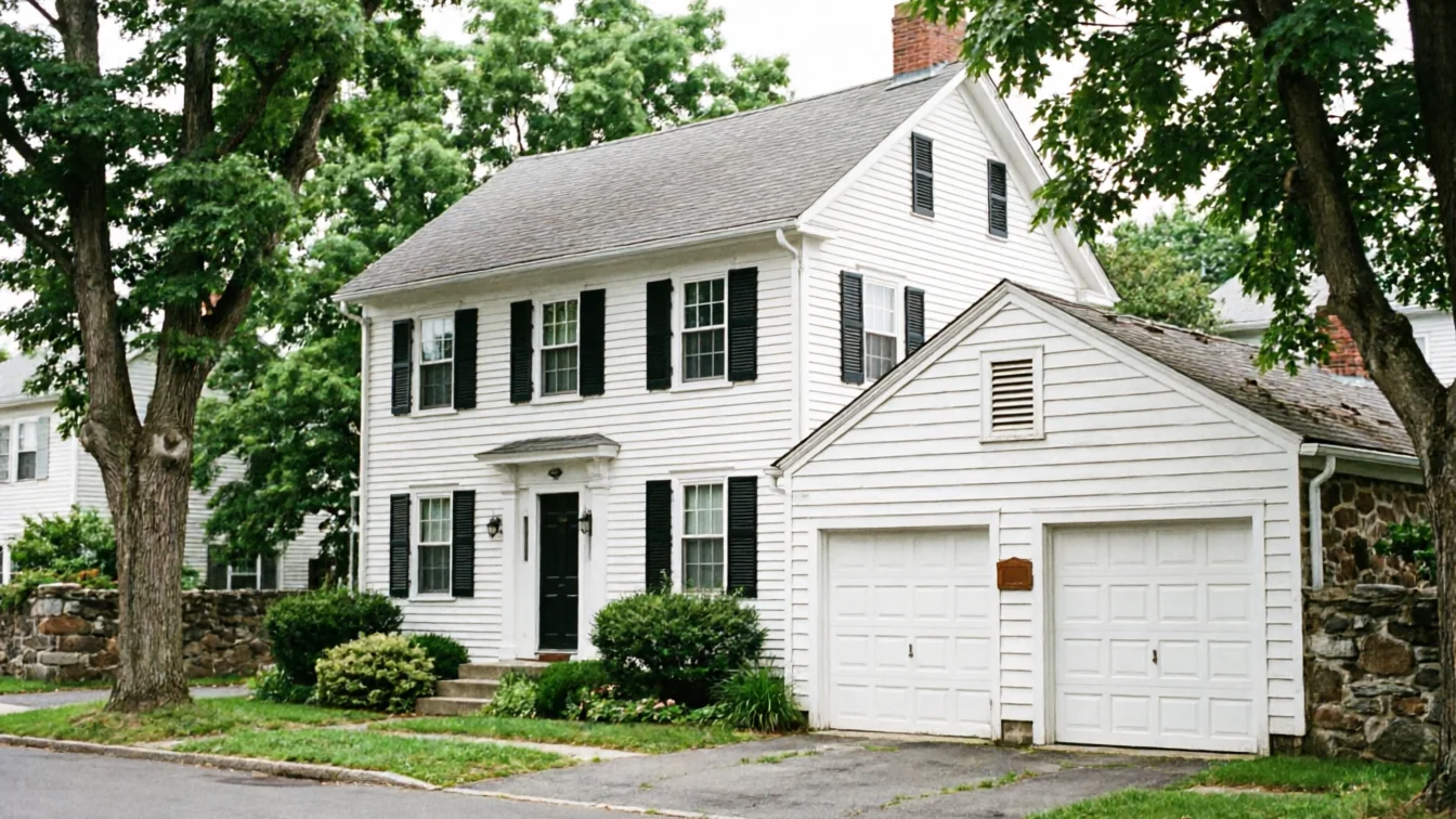 A white house with black shutters and an attached two-car garage.