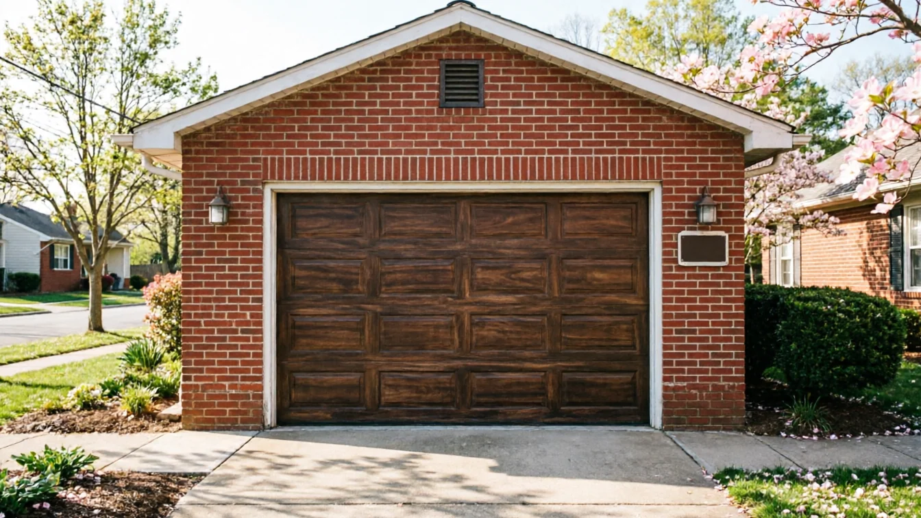 A red brick garage with a dark brown paneled garage door.