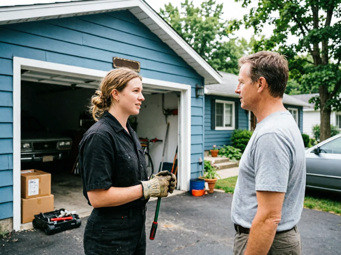 A technician in work clothes talks to a man in a driveway in front of a blue house.
