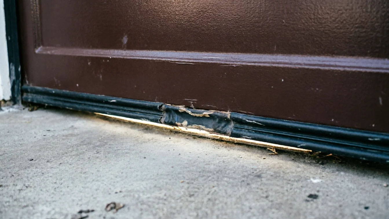 The bottom of a brown garage door has a damaged weather seal.