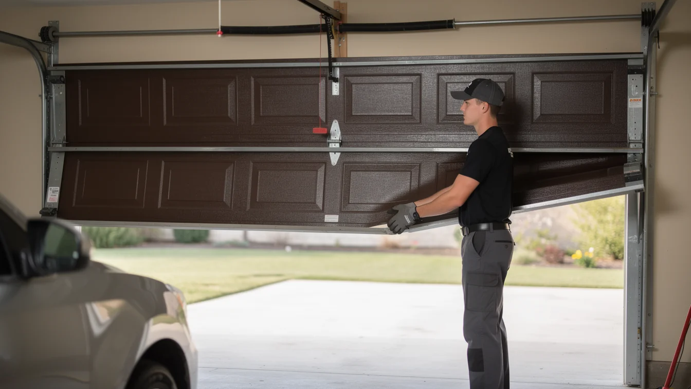 A technician in a cap and gloves is repairing a brown garage door.