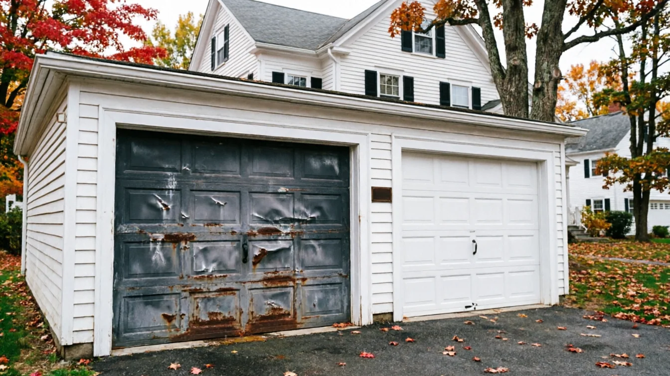 A two-car garage has one rusted, dented door and one new white door.