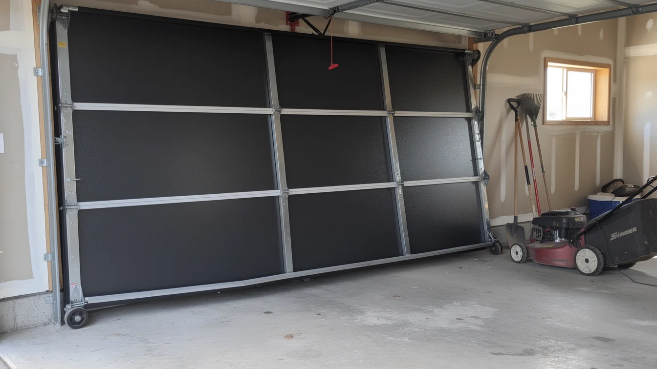 The black garage door is off its track and leaning inward.