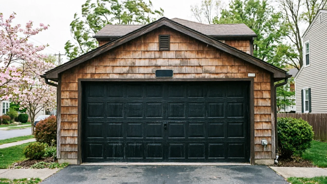 A black garage door is on a cedar-shingled garage with a brown roof.
